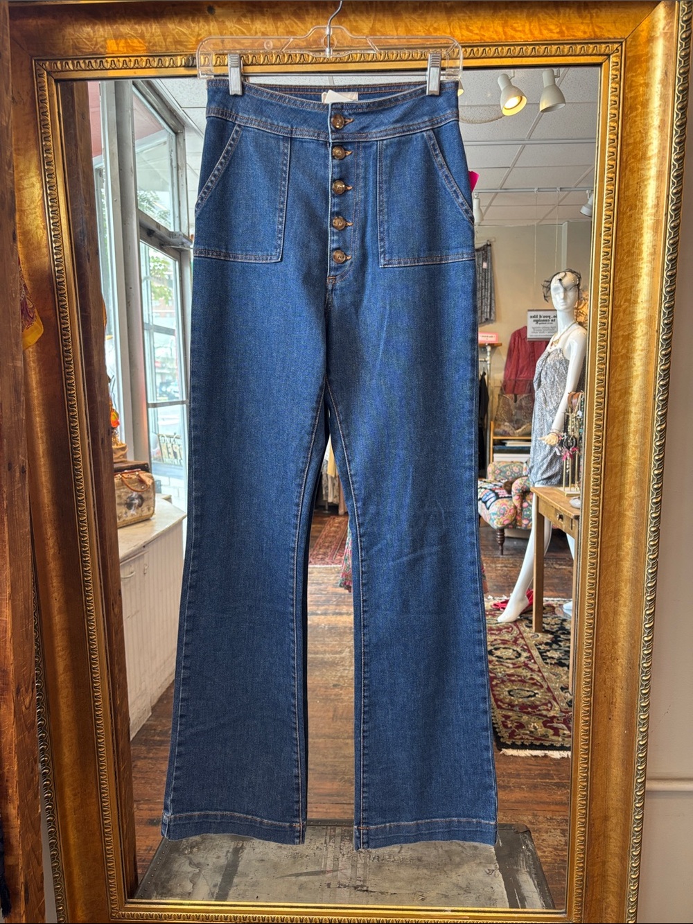 Sezane Dark Blue High-Rise Button-Front Wide-Leg Jeans